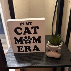 “In My Cat Mom Era” small square sign & Mini Gray and White Cat Faux Succulent
